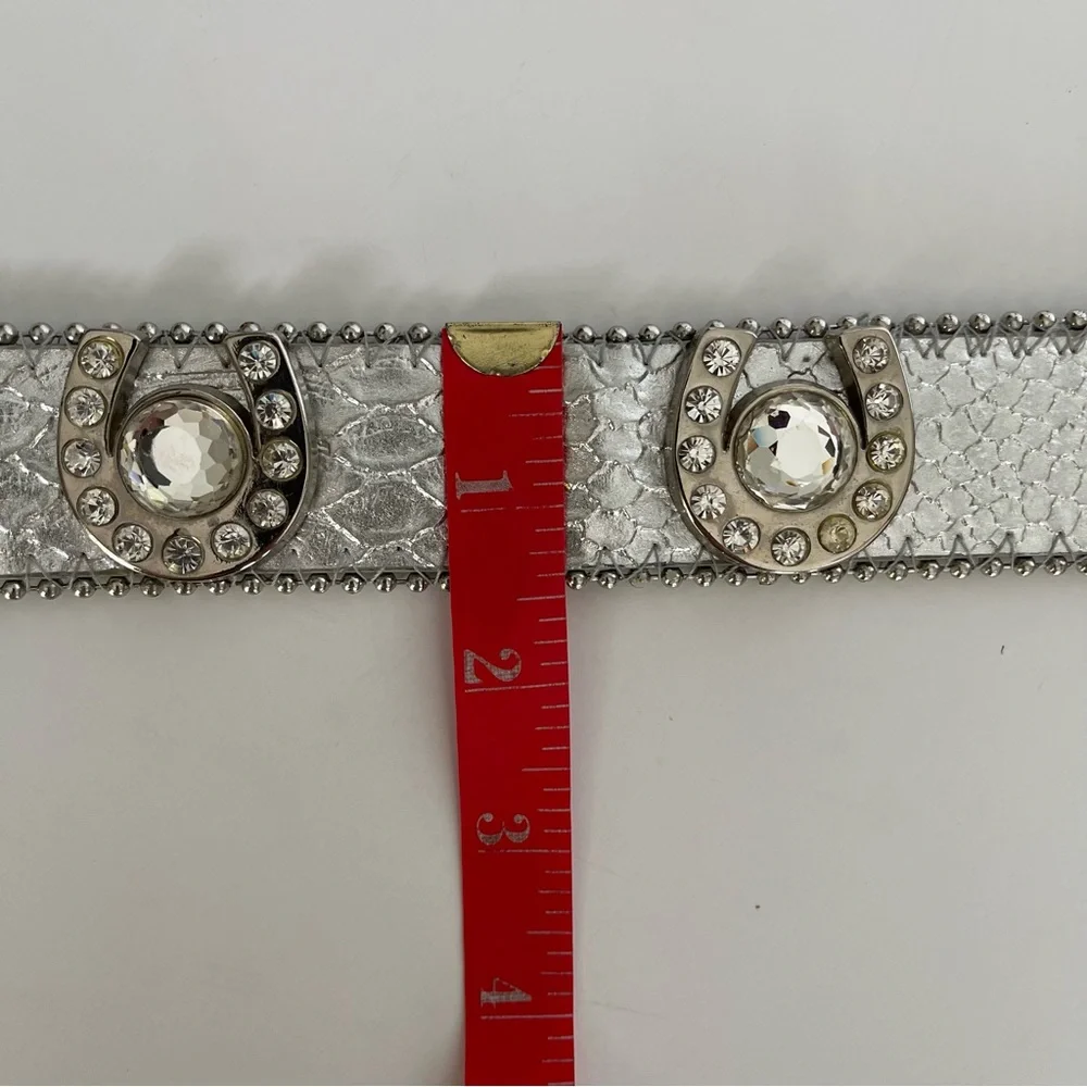 Western Cowgirl metallic silver rhinestone horseshoe bling leather belt Size M/L